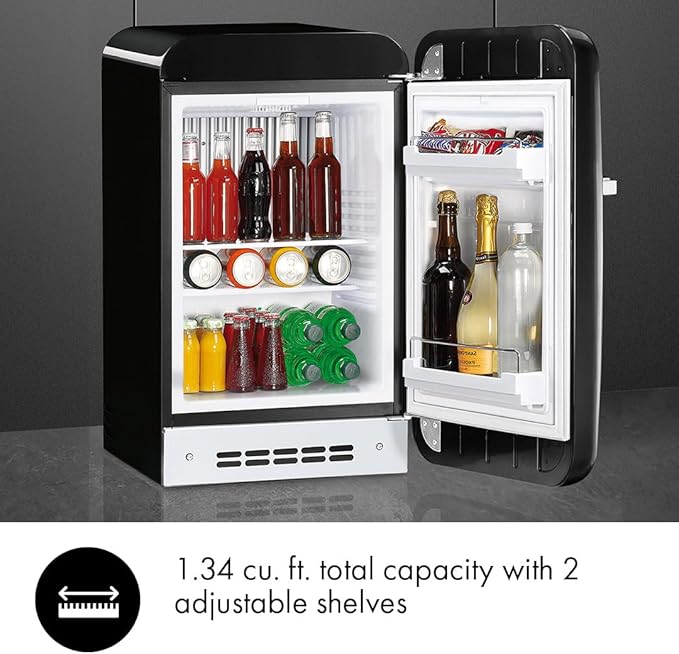 Smeg FAB5 16" 50's Retro Style Series Compact Cooler with 1.5 cu. ft. Capacity Automatic Defrost LED Interior Lighting and Adjustable Shelves Right Hand Hinge Made in Italy (Black)