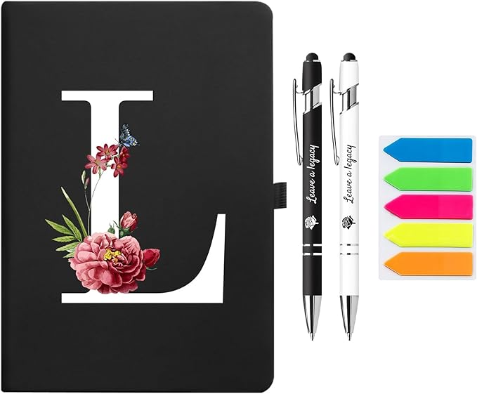 Premium Hardcover Executive Notebook and Pen Set - A5 Journal Notebook 192 Line Pages, 2 Smooth-Writing Ballpoint Pens, Arrow Sticky Notes - For Office & School Supplies Letter L Floral Design Black