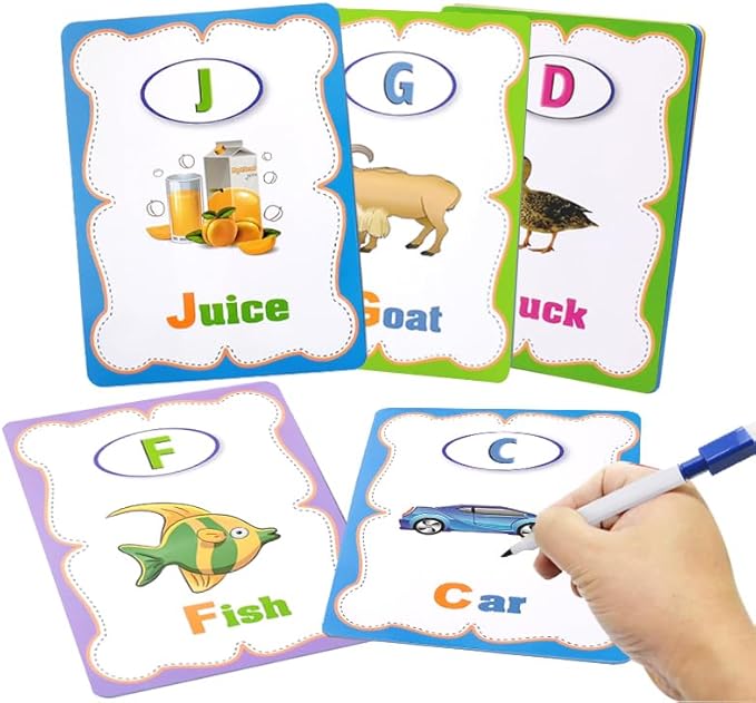 Erasable English Alphabet flashcards. - Write and Wipe Laminated ABCD Letter Tracing Practice Card for Kindergarten (26 Flashcards with Marker) (English Version)