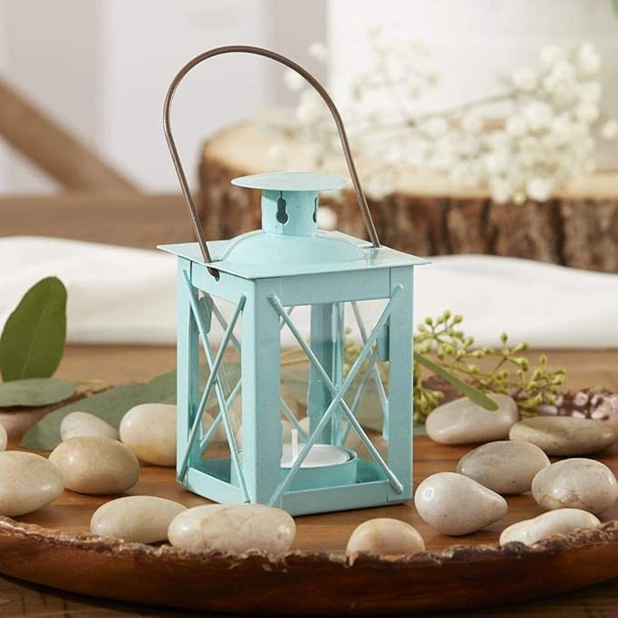 Kate Aspen Decorative Lanterns - Set of 12 - Luminous Metal Lantern Tealight Candle Holders for Wedding, Home Decor and Party - 4.5" H (6.5" H with Handle) – Blue