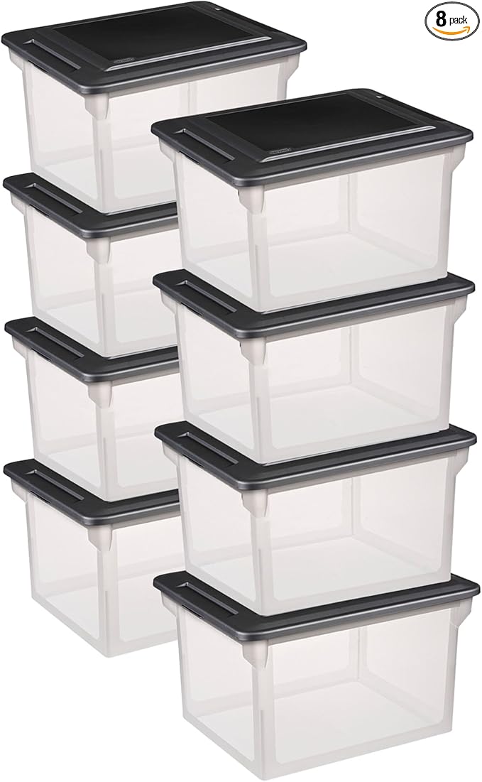 Sterilite 8-Pack File Box, Clear Storage Tote with Black Lid for Letter & Legal Hanging Folders - Stackable Plastic Document and Paper Organizer for Home, Office, and Dorm Organization