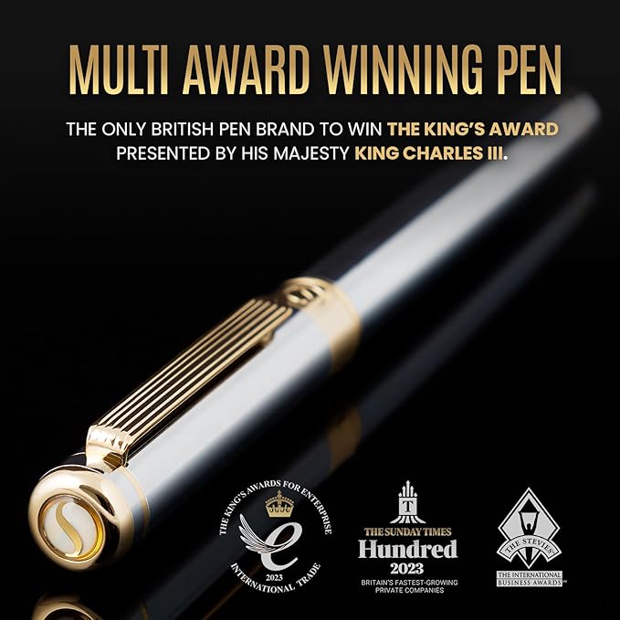 Scriveiner Silver Chrome Fountain Pen - Stunning Luxury Pen, Real Gold Finish, Schmidt Gilded Nib (Fine), Best Gift Set for Men & Women Professional Executive Office Fancy Nice Designer Pen