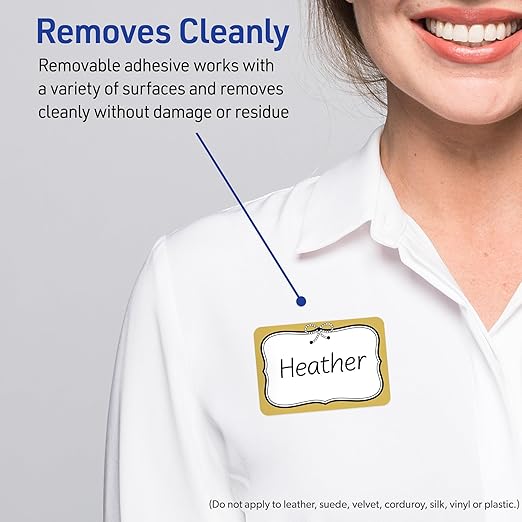 Avery Printable Adhesive Name Badges, 2-1/3" x 3-3/8", Pre-Printed Metallic Gold Border with Black Bow Design, Matte White, Laser & Inkjet Compatible, 80 Total