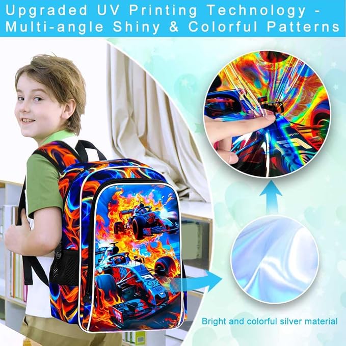 KLFVB 3PCS Boys Backpack, 17" Race Car Bookbag and Lunch Box, Water Resistant Teenagers School Backpacks for Middle Elementary - Flame Race Car