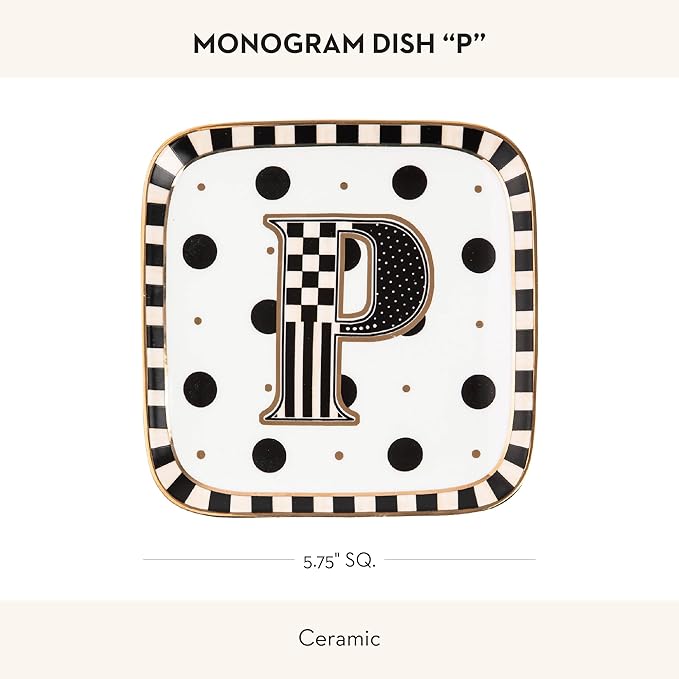 MACKENZIE-CHILDS Monogram Dish, Decorative Ceramic Letter Plate, 5 3/4" Square, P