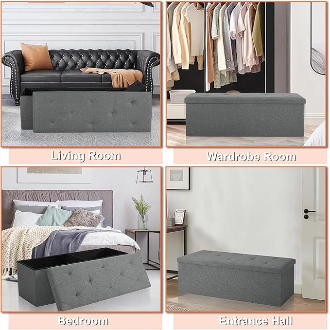 30 Inches Folding Storage Ottoman Bench, Ottoman Foot Rest, Storage Chest, End of Bed Foot Rest Stool with Padded Seat for Living Room, Bedroom, Entryway, Support 660lbs, Linen, Grey