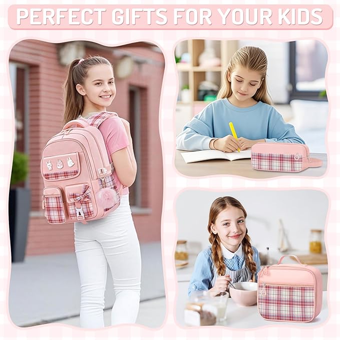 School Backpacks for Girl - 5PCS Cute Girls Backpack with Lunch Box Set for Kids Teens Elementary Middle School,18" Large Capacity Bookbag with Multiple Pockets,Perfect for Travel and School