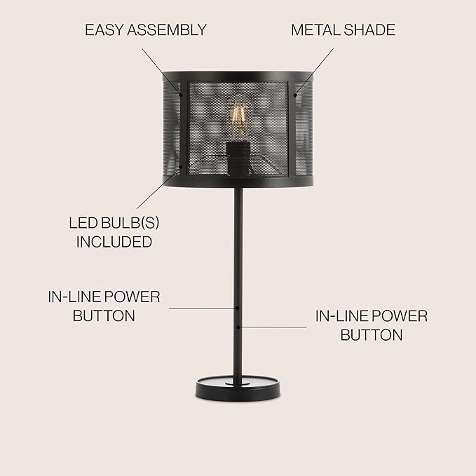 JONATHAN Y 25" Black Minimalist Metal LED Table Lamp, Modern Industrial Iron Desk Lamp for Living Room Bedroom, Round Metal Screen Drum Shade, LED Bulb Included JYL1102A