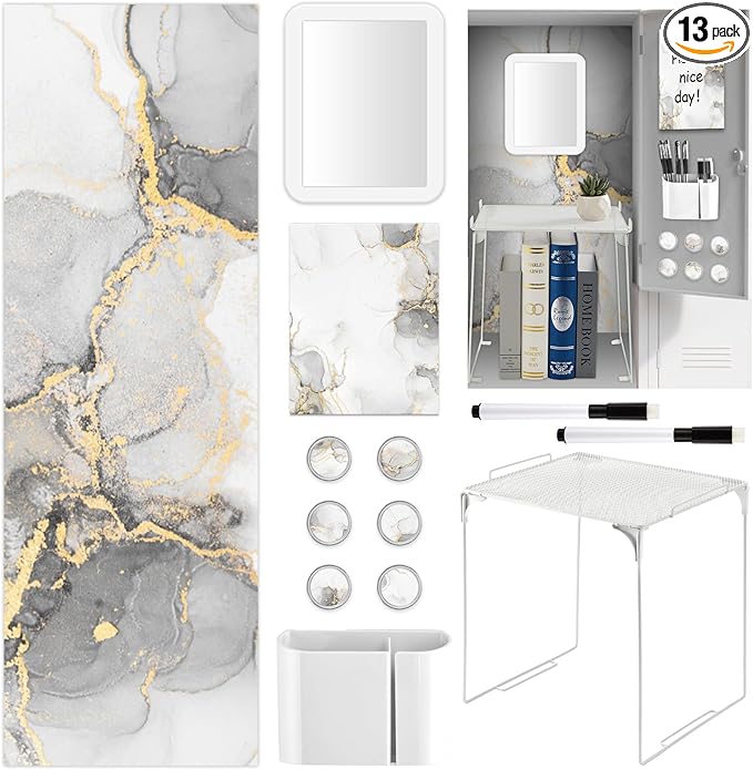 White Locker Accessories and Organizer Kit Include Marble Print Wallpaper Magnetic Mirror Whiteboard Pen Holder Magnet Locker Shelf Essentials for Back to School Supplies