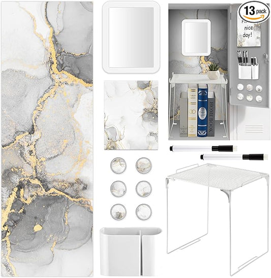 White Locker Accessories and Organizer Kit Include Marble Print Wallpaper Magnetic Mirror Whiteboard Pen Holder Magnet Locker Shelf Essentials for Back to School Supplies