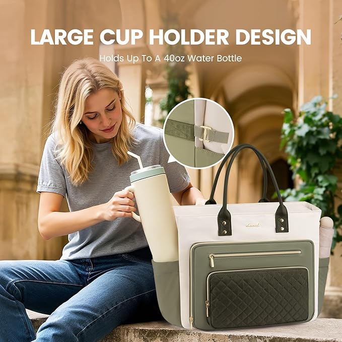 LOVEVOOK 17 Inch Laptop Tote Bag for Women, Teacher Nurse Work Bags, Laptop Bag With Large Cup Holder, Professional Briefcase Business Computer Purses Handbag Gifts,Light Green-Beige-Olive Green