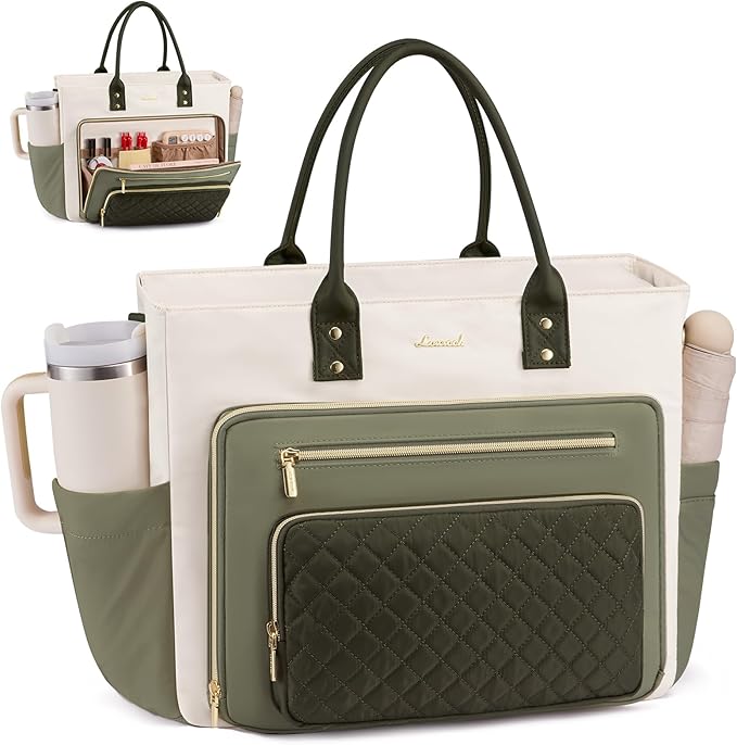 LOVEVOOK 17 Inch Laptop Tote Bag for Women, Teacher Nurse Work Bags, Laptop Bag With Large Cup Holder, Professional Briefcase Business Computer Purses Handbag Gifts,Light Green-Beige-Olive Green