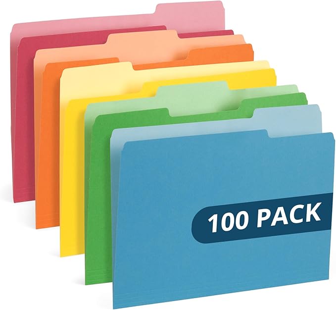 Blue Summit File Folders, Letter Size, 1/3 Tab, Two-Tone Bright Colors – 100 Pack