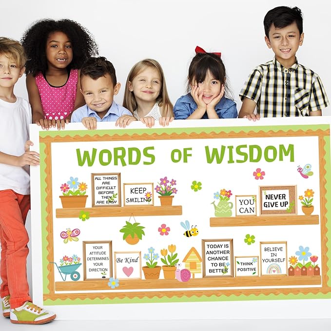 Spring Flower Bulletin Board Decorations Set Inspirational Bookshelf Classroom Decorations March April Floral Cutout Words of Wisdom Bulletin Decor with Border for Wall Door Library Home Office School