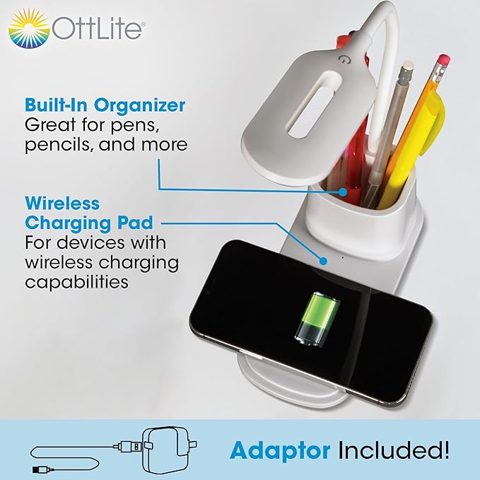 OttLite Organizer LED Desk Lamp, 15", White (7QC00W)