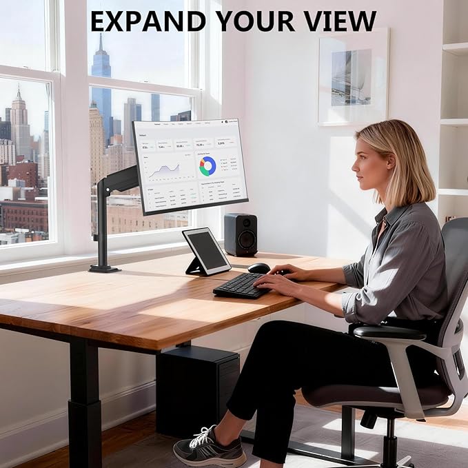 WALI Single Monitor Arm Mount for up to 32 inch Screens, Gas Spring Stand with Full Motion Tilt Swivel Rotation, Holds 19.8 lbs, VESA 75/100, C-Clamp & Grommet Mount (GSDM001S)