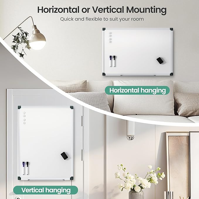 Magnetic White Board 24" x 18" for Wall, Dry Erase Board for Home Office, School, Study Room – Silver Aluminum Frame with 2 Markers, 4 Magnets, Eraser Included