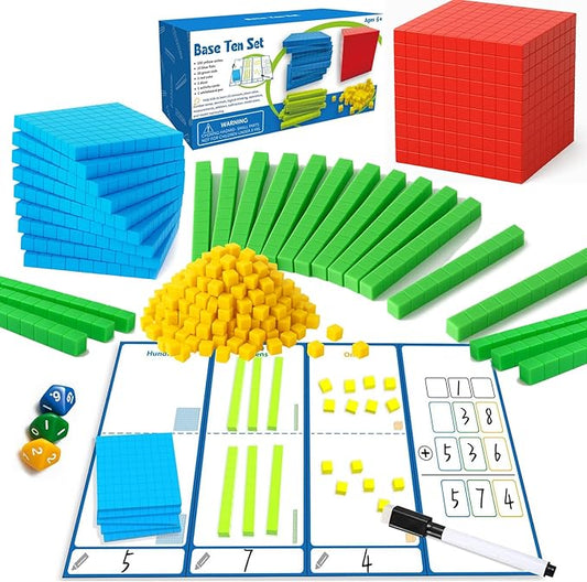 Plastic Base Ten Blocks with Place Value Chart, Math Manipulatives for Kids, Math Cubes for Kindergarten 1st-3rd Grade, Counting Cubes for Math Learning Tools, 137 Pcs