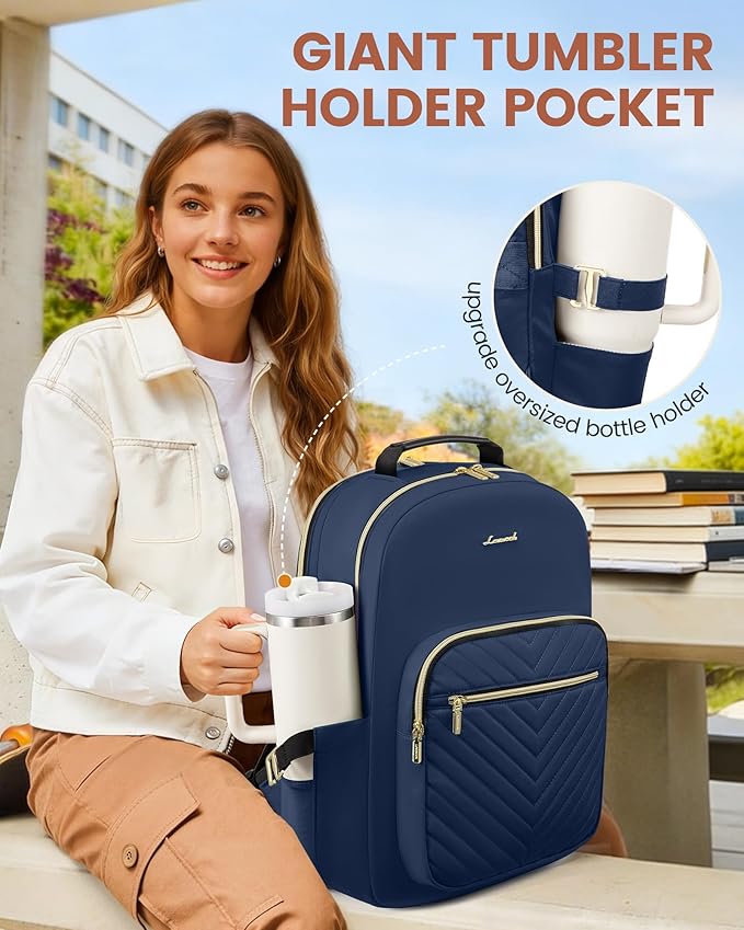 LOVEVOOK Laptop Backpack for Women with Giant Tumbler Holder 15.6 inch,Designer Travel Backpack Laptop Bag College Backpack,Quilted Work Nurse Teacher Backpack Purse Computer Bag Daypack,Navy Blue