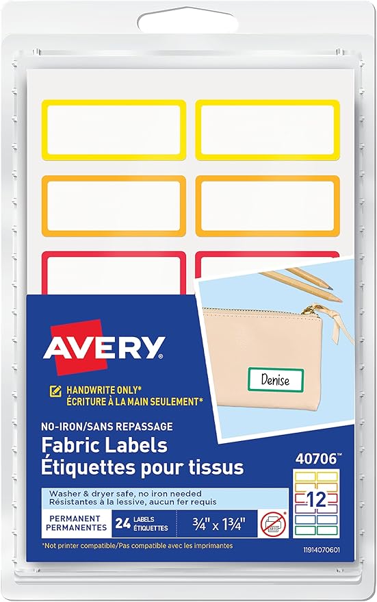 Avery No-Iron Fabric Name Labels, Rainbow Borders Preprinted Designs, Handwrite-Only, 24 Preprinted Labels (40706)