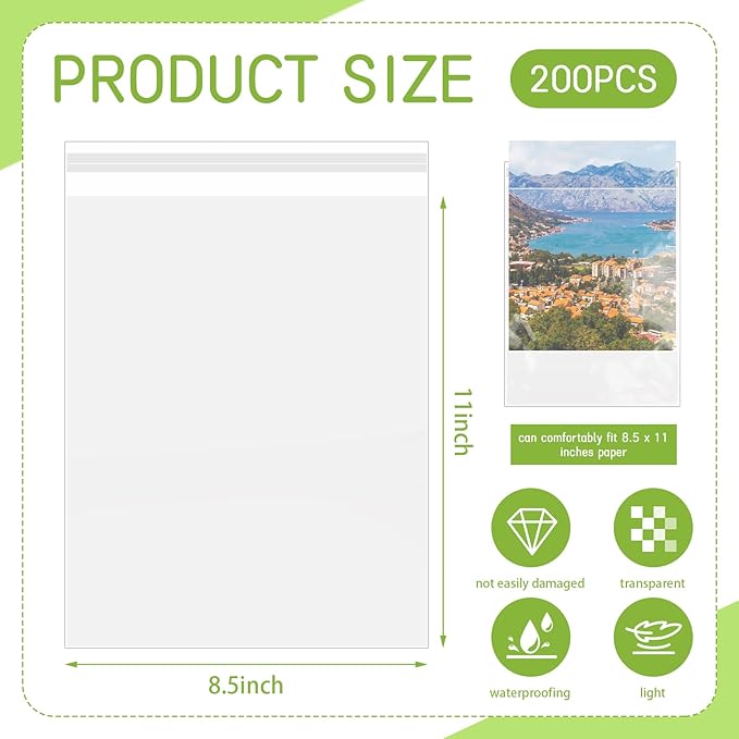 200 Pack 8.5 x 11 Inch Crystal Clear Sleeves Storage Bags, Letter Size Self Sealing Cellophane Bags Resealable Page Protectors Artwork Protectors Photocard Paper Pocket