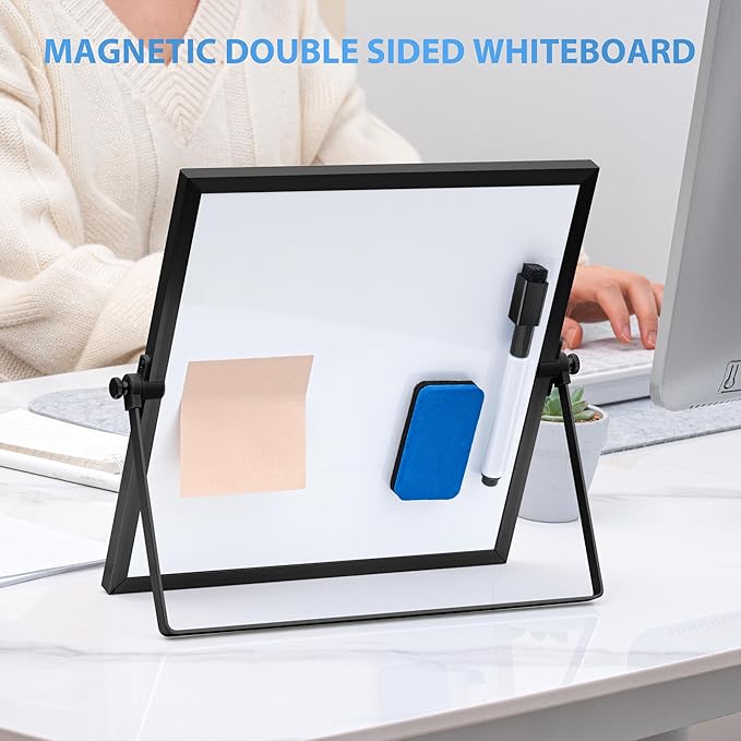 ARCOBIS Small WhiteBoard with Stand 10" X 10", Magnetic Double-Sided Dry Erase White Board Easel for Desk Students Home Office,Black
