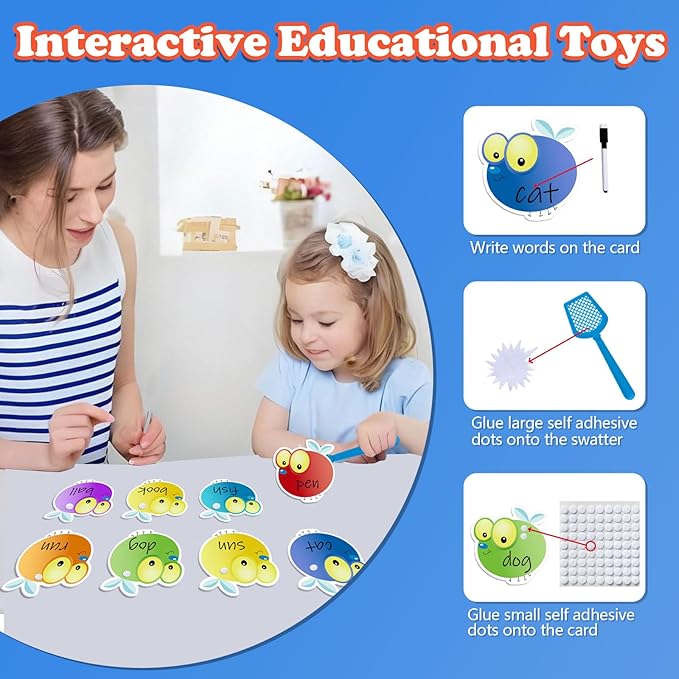 Sight Word Swat 56 Pcs Fly Dry Erase Cards 4 Fly Swatters Kids Educational Toys Sight Word Games Board Games Interactive Toys for Toddler