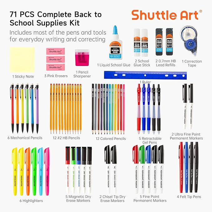 71 Pack School Supplies Kit, Shuttle Art Back to School Supplies for Teachers, Middle High Schools, College School Supplies with Highlighters, Pencils, Gel Pens, Dry Erase Markers, Felt Tip Pens, Glue