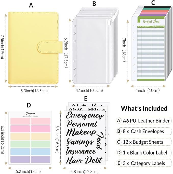 SKYDUE Budget Binder with 8pcs Zipper Envelopes, Money Organizer for Cash with 12pcs Expense Budget Sheets & 24 Blak Sticky Labels, Budget Book with Cash Envelopes, Yellow, A6 (1008HYJ-HZ_A6Yellow)