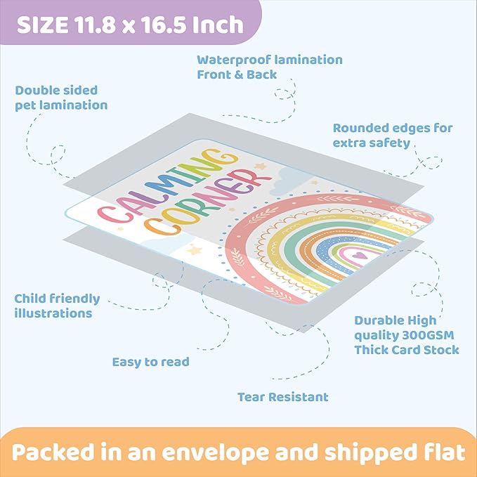 jackinthebox 12 Calming Corner Posters with Gold Foil Embedded Stars - 12 x 17 inches Laminated Classroom Decor Posters, Calm Down Corner Supplies, Emotions Charts for Kids, Easter Gifts for Kids.