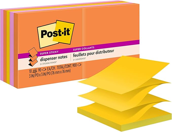 Post-it Super Sticky Dispenser Pop-up Notes, 10 Sticky Note Pads, 3 x 3 in., 2X The Sticking Power, New Year Organization or Second Semester School Supplies, Energy Boost Collection