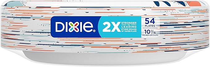Dixie Large Paper Plates, 10 Inch, 2X Stronger*, Microwave-Safe, Soak-Proof, Cut Resistant, Disposable Plates for Everyday Breakfast, Lunch, & Dinner Meals, 54 Count (Pack of 2)