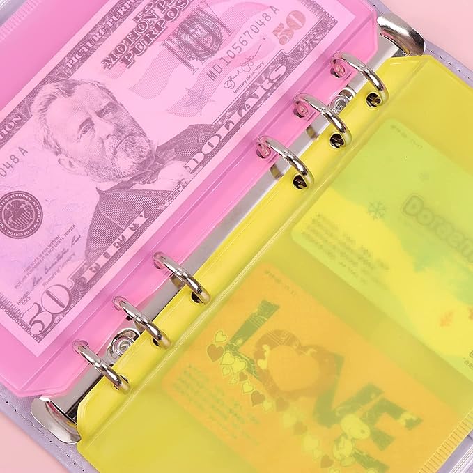 7 Pack A6 6 Holes Binder Pockets Plastic Binder Zipper Folders Waterproof 6 Holes Zipper Loose Leaf Bags Zip Lock Envelope for Documents Notebooks Cards (7 Color Zip Pocket, A6)