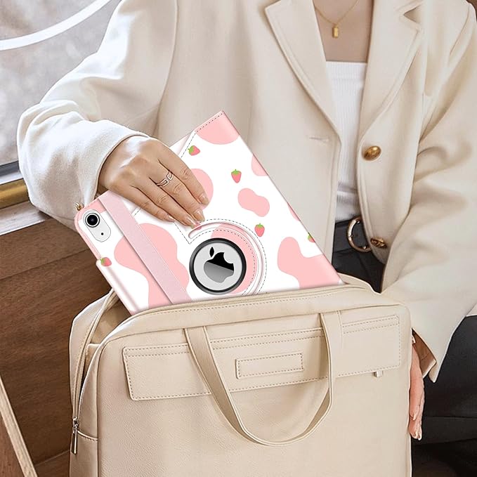 Fintie Rotating Case for iPad (A16) 11th Generation 11 Inch (2025), iPad 10th Generation 10.9 Inch (2022) - [Built-in Pencil Holder] 360 Degree Rotating Protective Stand Cover, Strawberry Cow