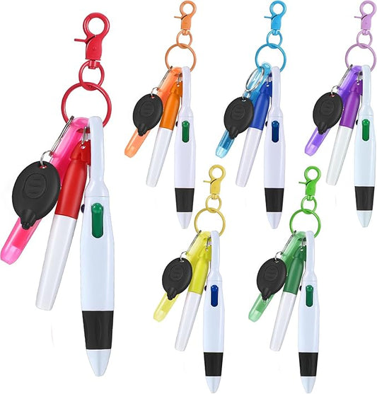 Chinco 30 Pcs Retractable Shuttle Pen Clip with Mini Highlighter Nurse Badge Pen Neon Marker LED Keychain Ring Clip