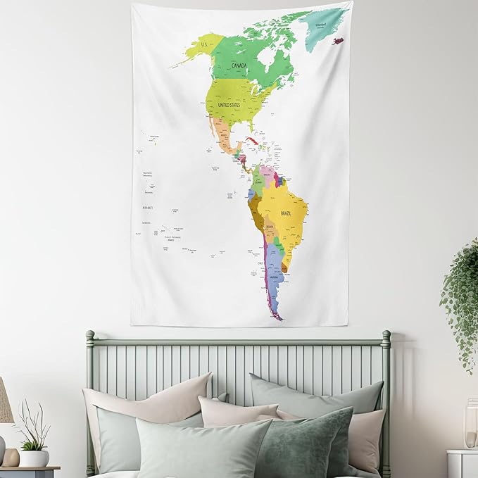 Ambesonne Map Tapestry Twin Size, Map of South and North America with Countries Capitals and Major Cities Colorful Design, Wall Hanging Bedspread Bed Cover Wall Decor, 68" X 88", Green White