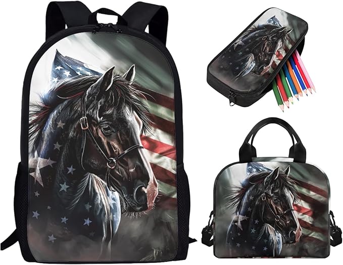 American Flag Kids Backpack Set of 3, Horse School Backpacks for Boys Elementary Middle High School with Insulated Lunch Bag Kawaii Cute Pencil Case, Black