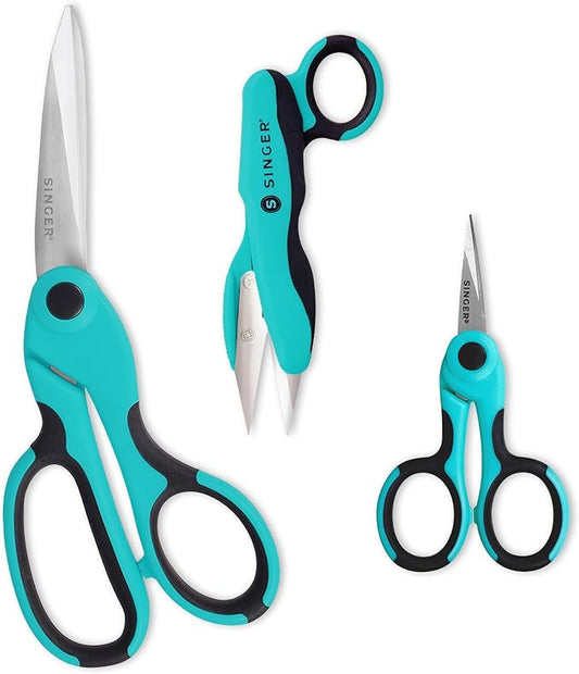 SINGER ProSeries Sewing Scissors Bundle: 8.5" Heavy Duty Fabric, 4.5" Detail Embroidery, 5" Thread Snips With Comfort Grip (Teal)