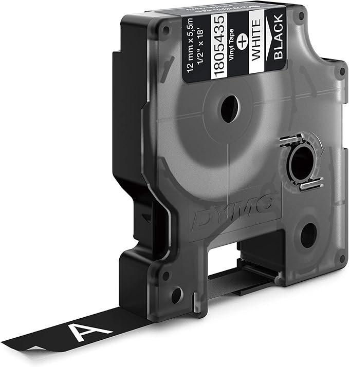 DYMO Rhino Industrial Vinyl Labels 1/2" White Print on Black Tape