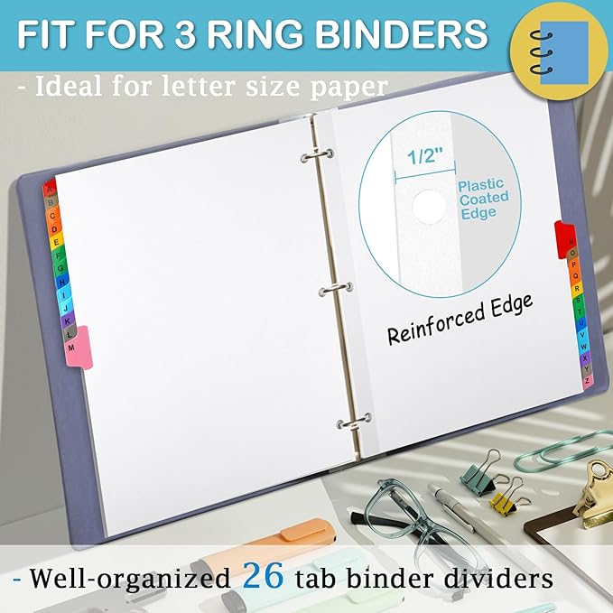 Alphabet Binder Dividers for 3 Ring Binder, COIDEA A-Z Dividers for 3 Ring Binder, Multicolor A-Z Binder Dividers with Customizable Table of Contents Page, ABC Alphabet Tabs for School Office