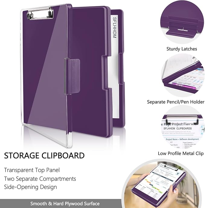 SFLHHDM Clipboard with Storage,Heavy Duty Clip Boards 8.5x11 with 2 Storage Case,Clear Visible Panel Storage Clipboards,Side Opening Nursing Clipboard Folder for Office Supplies-Dark Purple