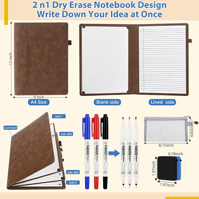 6 Sides Dry Erase Notebook Portable Whiteboards Notebook Small Reusable College Ruled Lined Board Folding Mini Travel Dry Erase White Board for Office Study (Brown,A4: 9 x 12 Inches)