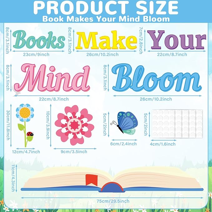 Reading Makes Your Mind Bloom Classroom Bulletin Board Set Spring Grow Flower Bulletin Cutouts Decorations Spring Bulletin Cutouts for Teacher Classroom School Kindergarten Back to School Party Decor