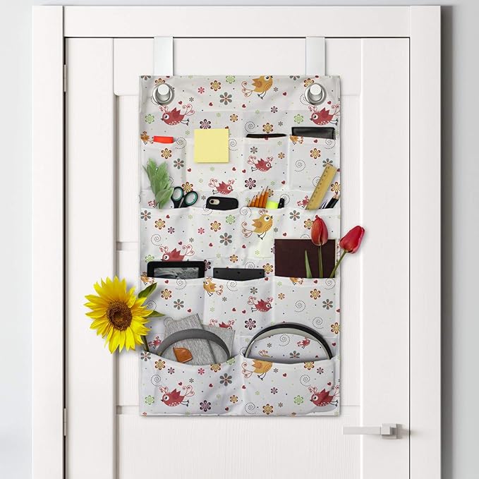 Ambesonne Cartoon Hanging Pocket Organizer, Birds Swirls Flowers and Mini Hearts Nature Inspired Drawing Style Happy Animals, Printed Polyester Storage Bag with Pockets, 21" x 31", Multicolor