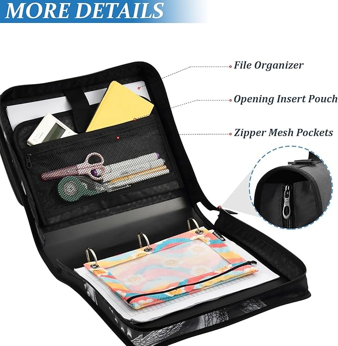 3 Ring Zipper Binder with Shoulder Strap Octopusfish 1.5 inch Binders Keeper Large Capacity Multi Pockets for School Office Supplies