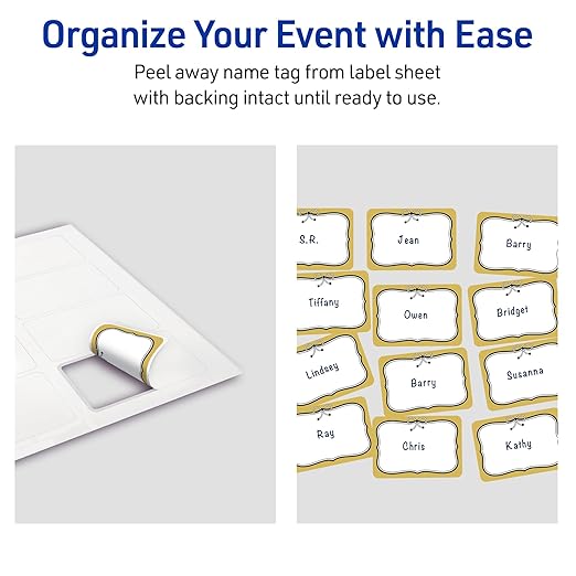 Avery Printable Adhesive Name Badges, 2-1/3" x 3-3/8", Pre-Printed Metallic Gold Border with Black Bow Design, Matte White, Laser & Inkjet Compatible, 80 Total