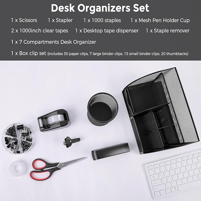 SKYDUE Black Office Supplies, Mesh Desk Organizer, Stapler, Tape Dispenser, Scissors, Binder/Paper Clips and 1000pcs Staples, Desk Supplies Set