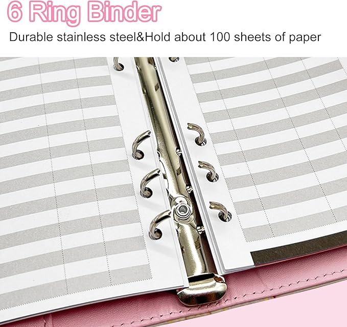 A6 Refillable 6 Ring Faux Leather Budget Binder,Mini Notebook Binder Cover for A6 Filler Paper,Loose Leaf Personal Planner Cover with Magnetic Buckle Closure (Marble Pink)