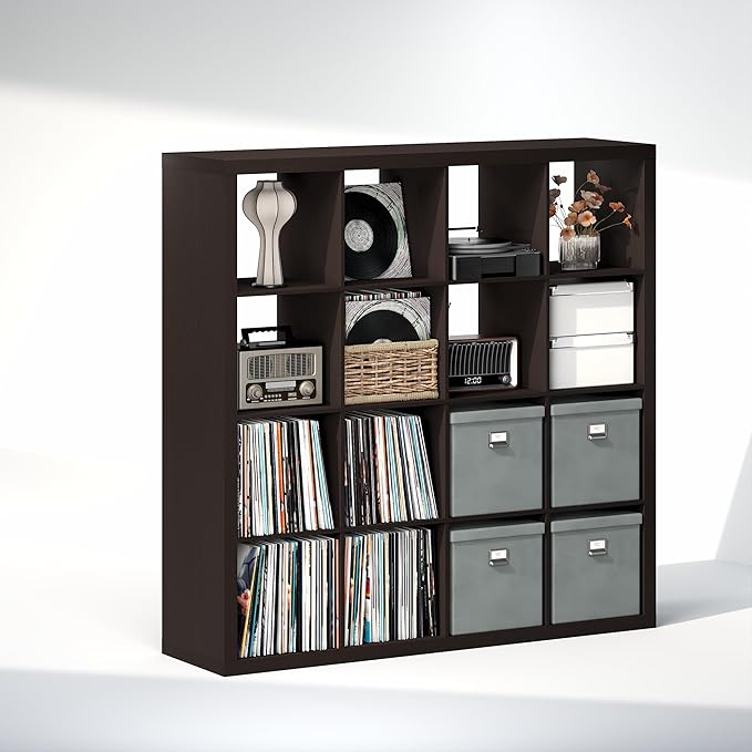 Furinno Cubicle Record Player Stand with Vinyl Storage, 16-Cube Vinyl Record Storage, 1.65" Triple Thick Open Back Media Shelf for CD DVD Blueray Game, for Living Room, Home Office, Black Dark Oak
