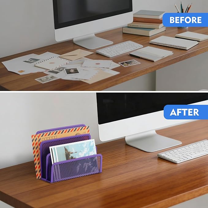 EASEPRES Desk Mail Organizer, Office Small Desktop Metal Mesh Envelope Letter Sorter Paper File Holder Organizer with 3 Vertical Upright Compartments, Purple 2 Pack